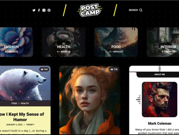 The Postcam Blogs demo offers a visual storytelling blog website design with a focus on imagery and narrative, creating a captivating platform for photographers and storytellers.