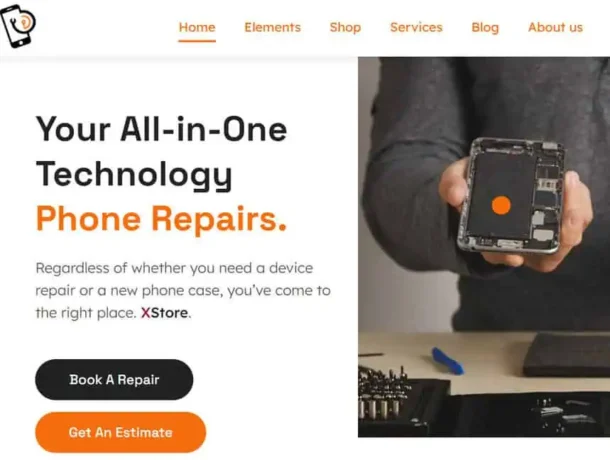The website for phone service demo features a modern and clean design with essential tools for easy repair service booking and accessory purchases, providing a cutting-edge online platform for mobile phone services and accessories.